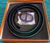 Hermès duck blue leather belt with purple lacquered silver metal buckle, size 82, box, good condition