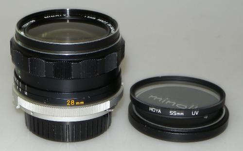 MINOLTA 28mm 3.5 MC W.ROKKOR-SG, HOYA UV FILTER, MINT