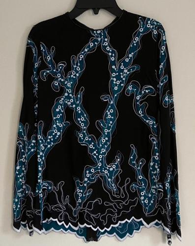 Louis Vuitton long-sleeved top in black silk with turquoise patterns and white stitching, size 36, new condition