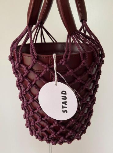 Staud Moreau model bucket bag in burgundy leather and rope, new label