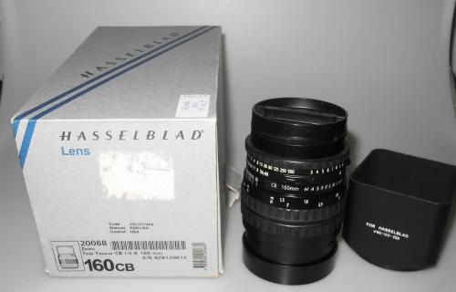 HASSELBLAD 160mm 4.8 TESSAR CB WITH LENS HOOD, BOX, IN VERY GOOD CONDITION