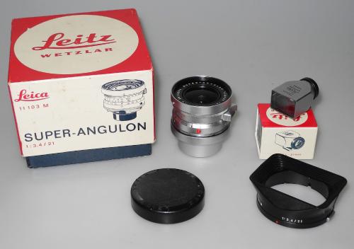 LEICA 21mm 3.4 SUPER-ANGULON CHROME FROM 1964, LENS HOOD, VIEWFINDER 21mm, BOXES, MINT