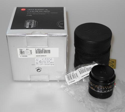 LEICA 28mm 2.8 ELMARIT-M ASPH. BLACK 6 BIT 11606 E 39 WITH LENS HOOD NOT ORIGINAL, BAG, BOX, MINT