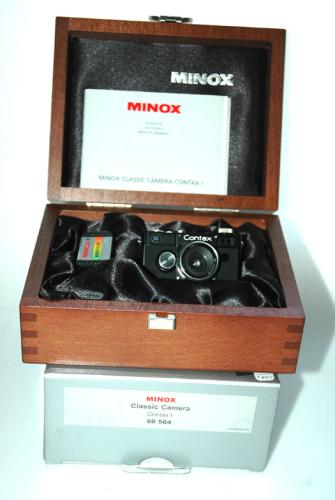 SUBMINIATURE COPY OF BLACK CONTAX I ON FILM MINOX WOOD BOX AND INSTRUCTIONS NEW IN BOX