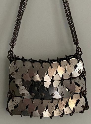 Paco Rabanne silver metal bag decorated with pastilles, chain shoulder strap, iconic model from 1969