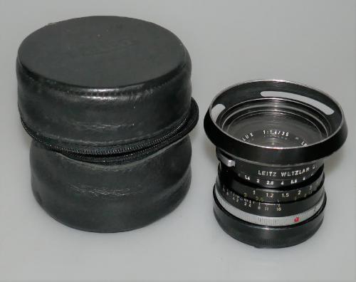 LEICA 35mm 1.4 SUMMILUX MODELE 2 DE 1970, PARE-SOLEIL, FILTRE UVA, ETUI, BON ETAT